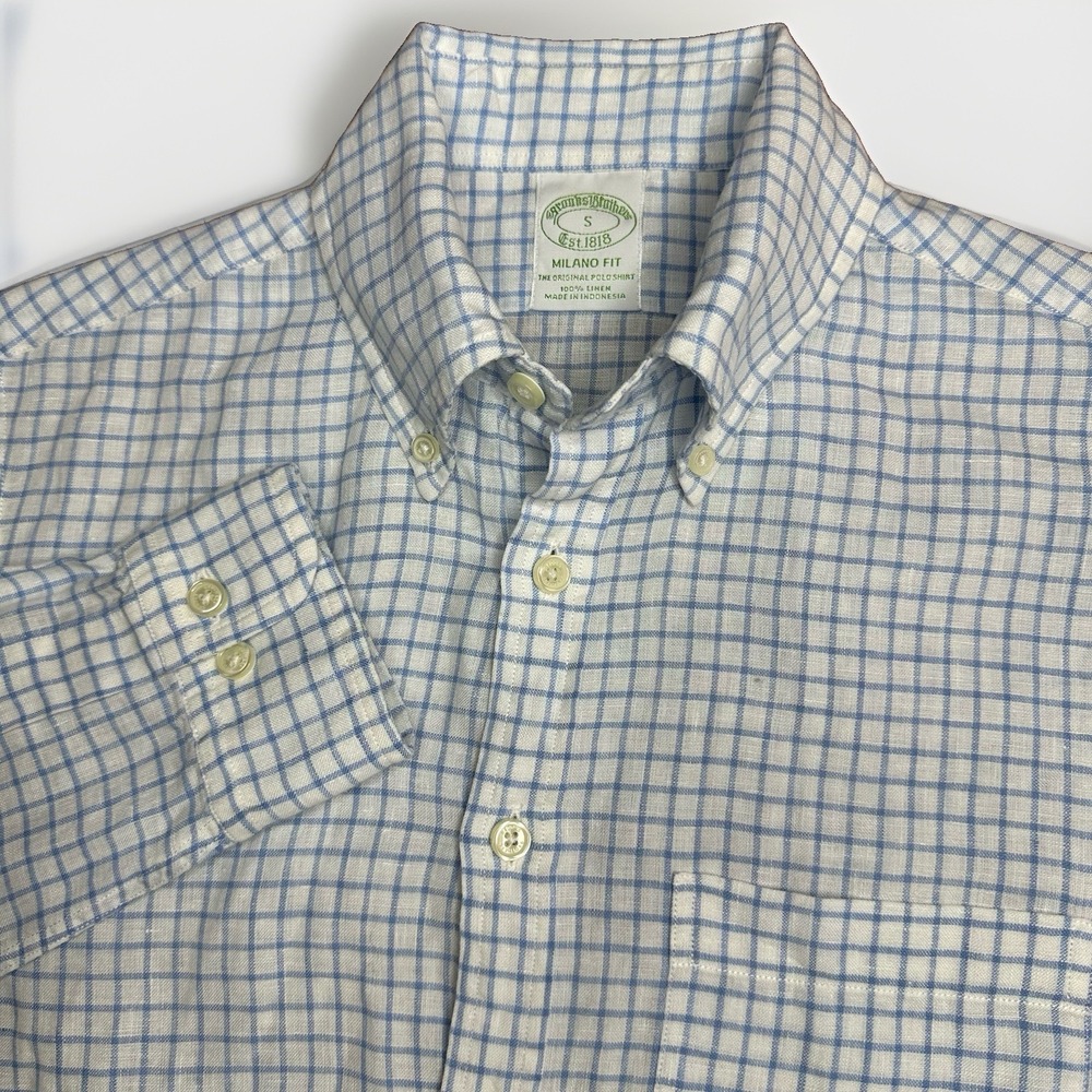 Brooks Brothers Milano Shirt Men Small White Check Baird McNutt 100% Irish Linen